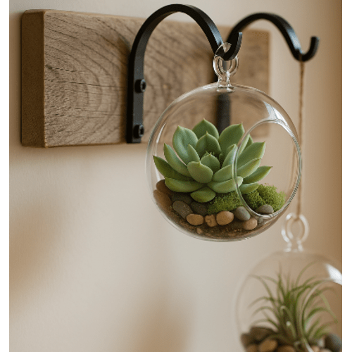 Pakabinama dekoracija su sukulentu ir tilandsija