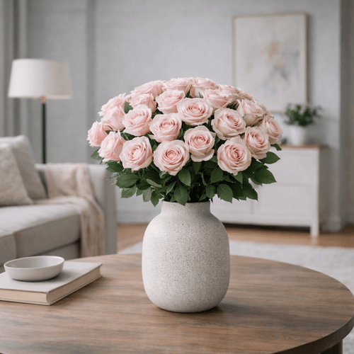 25 vnt.stabilizuotų šviesiai rožinės spalvos rožių puokštė, 30 cm ilgio