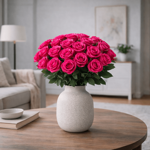 25 vnt.stabilizuotų ryškiai rožinės spalvos rožių puokštė, 30 cm ilgio